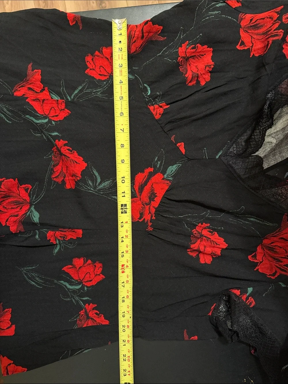 Idyllwind Black Dress with Red Floral Print and Lace Trim